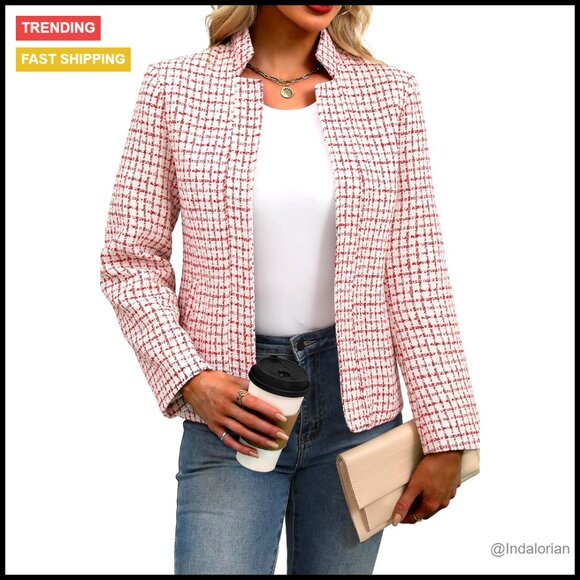 Jackets & Blazers - Slim Fit Tweed Blazer Notched Lapel Plaid Pattern Business Casual Jacket